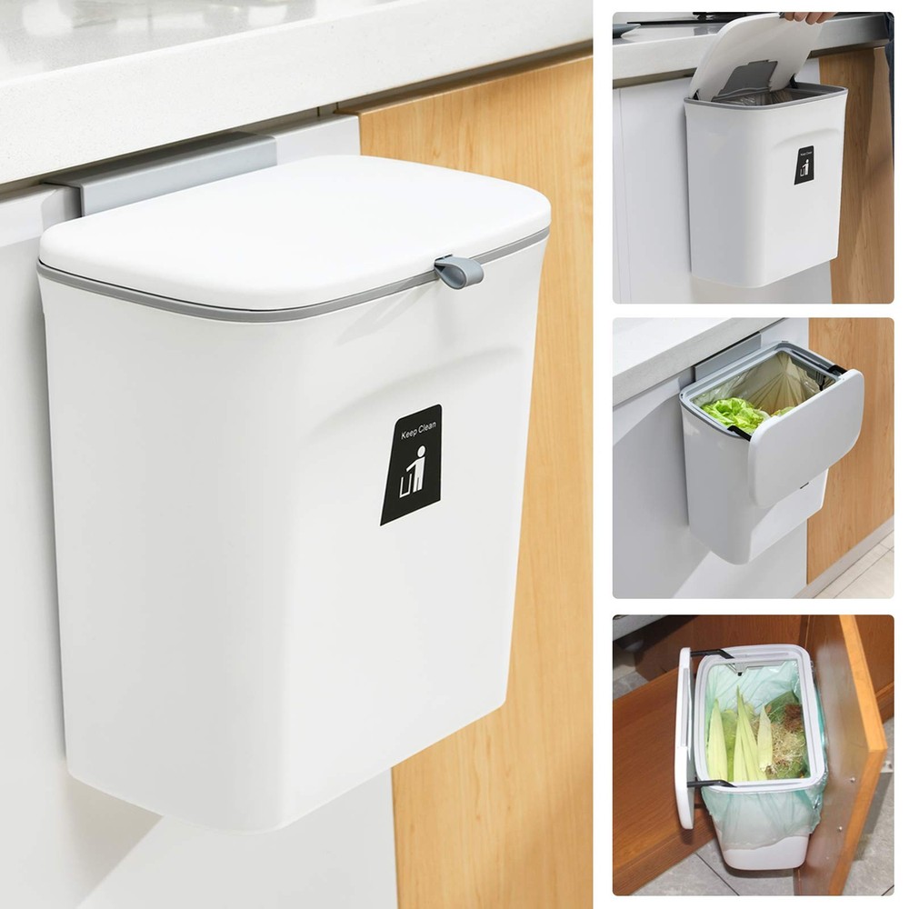 White 2.4 Gallon Hanging Small Kitchen Trash Can Lid Wall Mounted Compost Bin