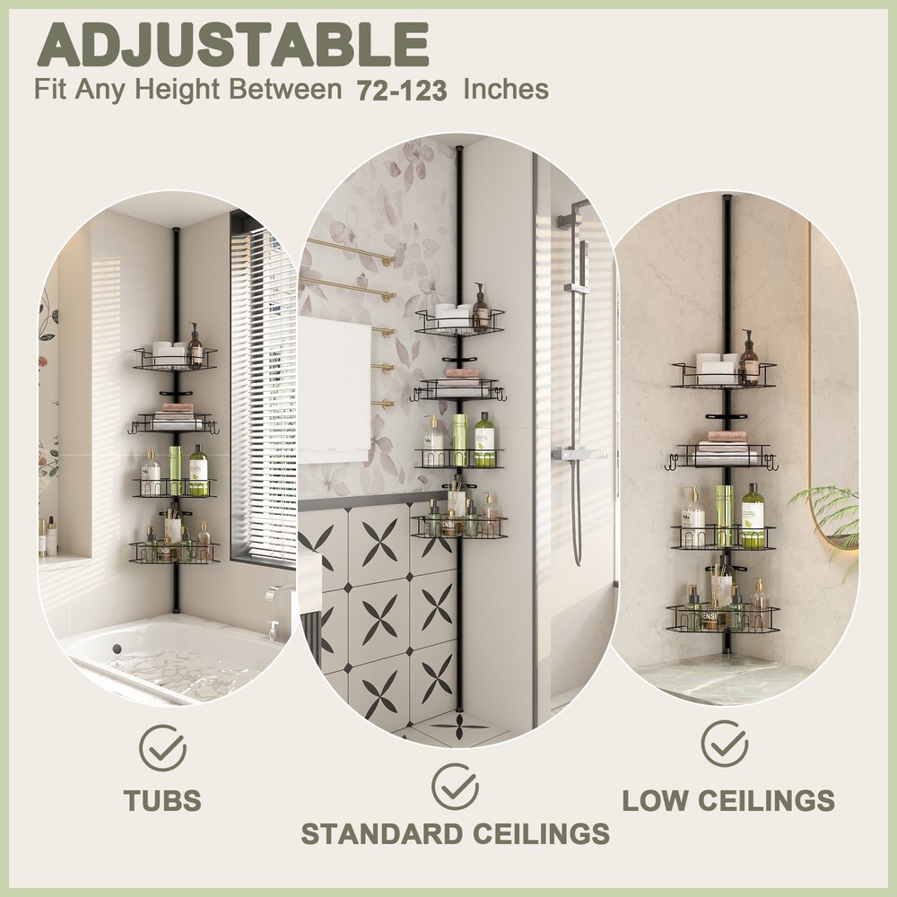 Corner Shower Caddy Tension Pole 4-Tier Adjustable Rustproof Baskets Bathroom