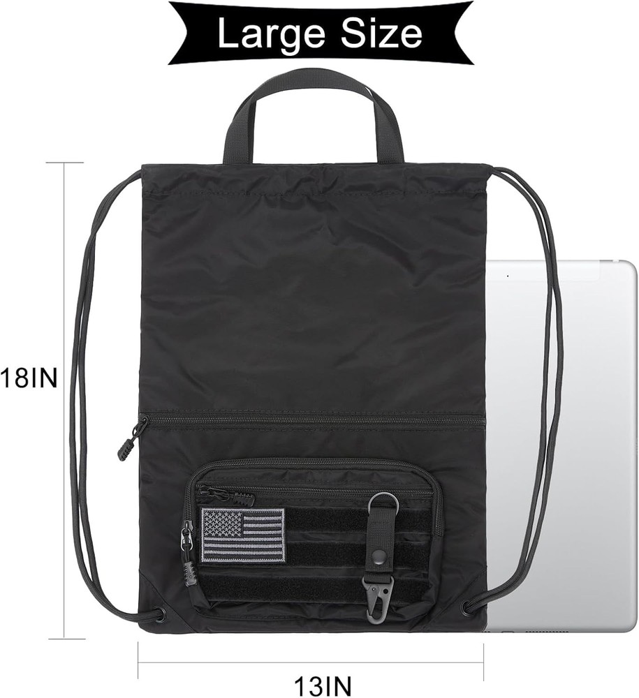 seyfocnia Drawstring Backpack Tactical String Bag with Zipper Pockets Black