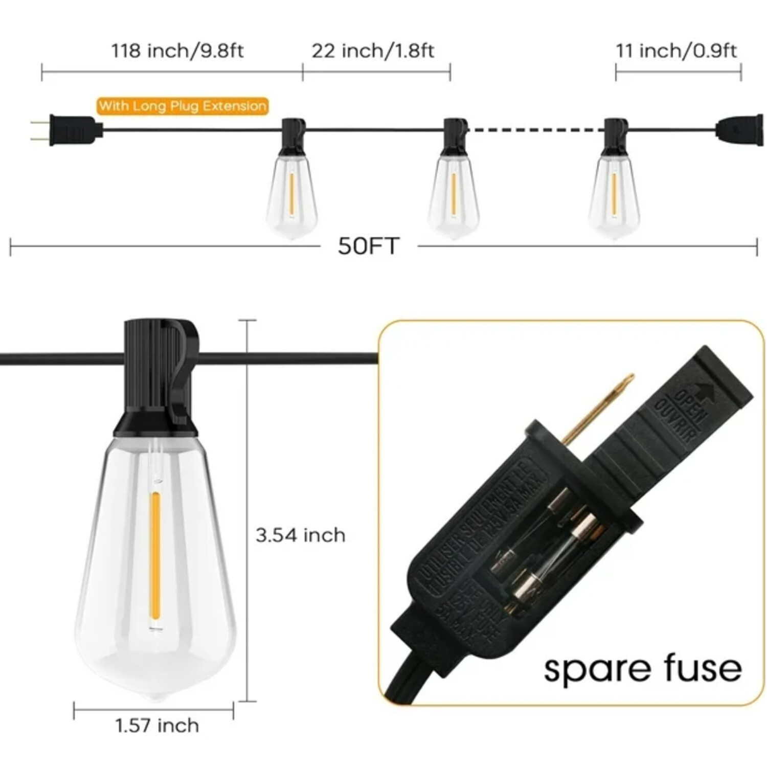 50FT - 400FT LED Outdoor String Lights Dimmable Waterproof ST38 LED Patio Lights