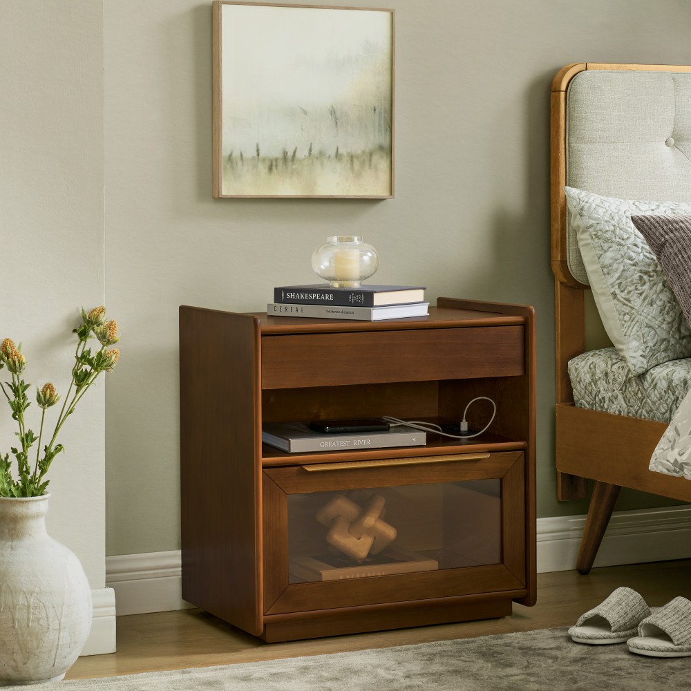 Bedside Table with Charging Station 2 Glass Drawers Features Open Shelving