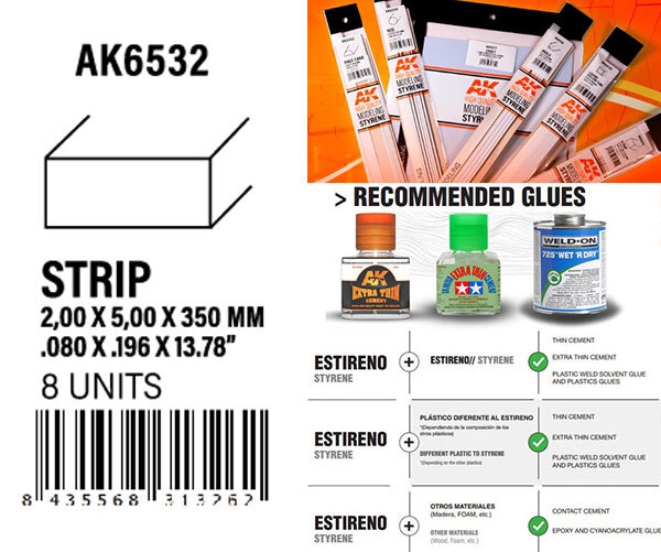 AK-Interactive Styrene Strips 2.00 x 5.00 x 350mm (8pcs)
