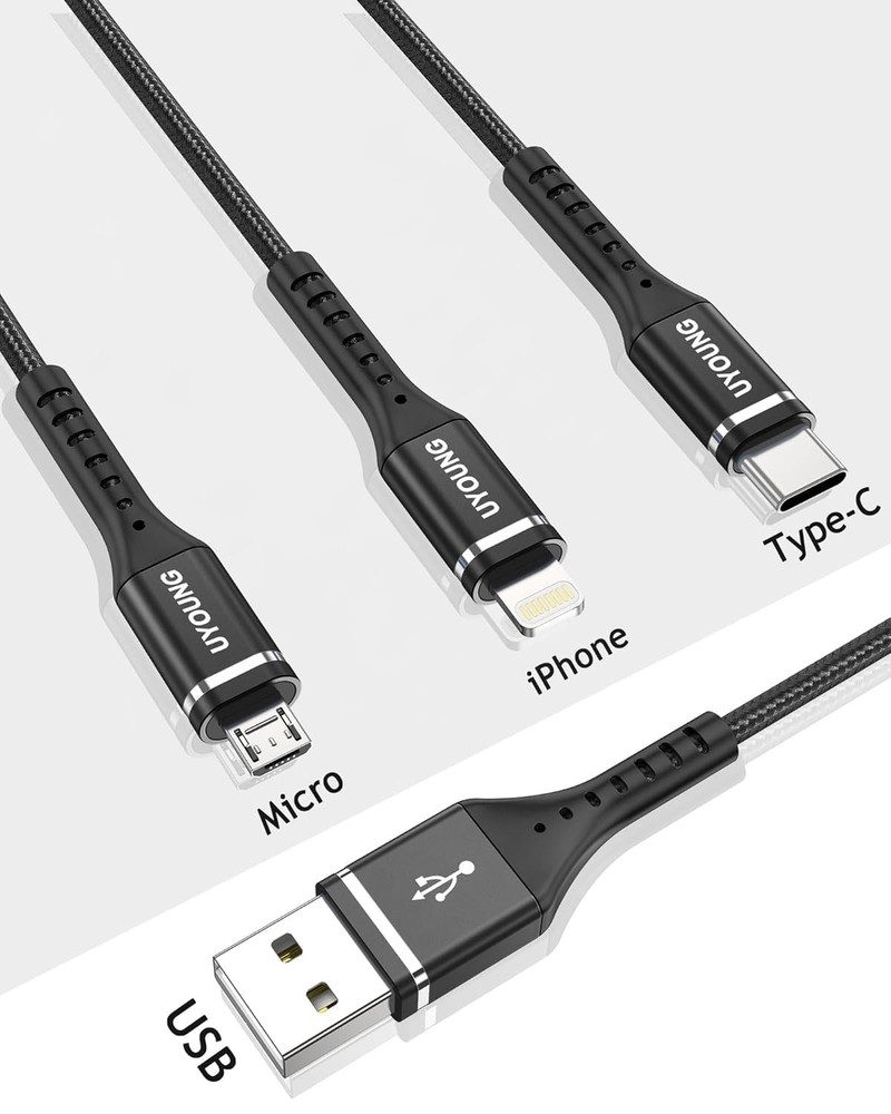 Multi Charging Cable 2Pack 6FT, 3 in 1 Charger Braided Black