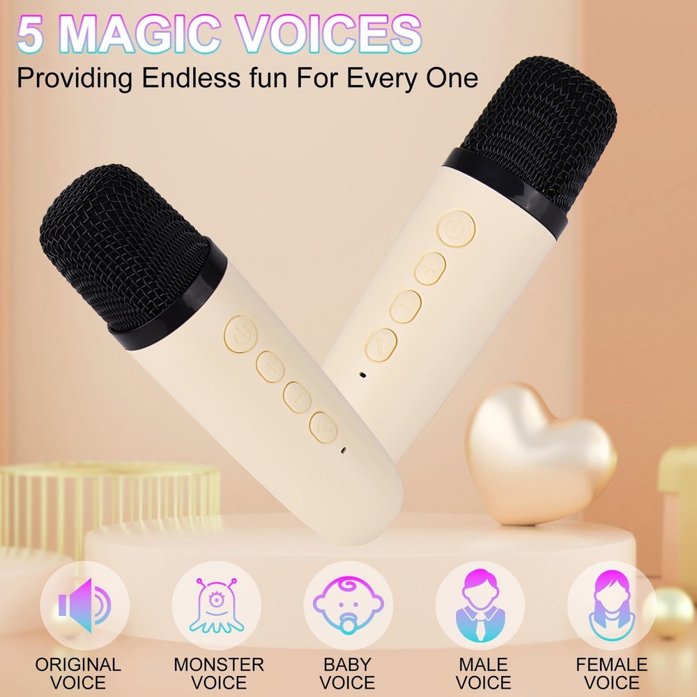 Beige Mini Portable Bluetooth Karaoke Speaker Machine with 2 Wireless Mics