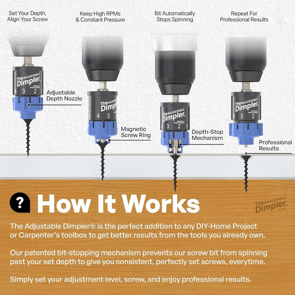 Adjustable DIMPLER ® - Drywall Bit & Screw Gun Attachment, Converts Drill into