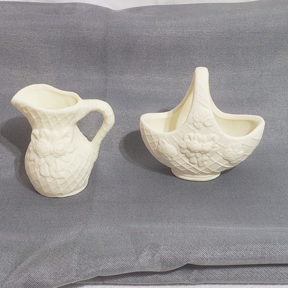 Picnic Basket and Pitcher Miniature Chalkware Weave Pattern
