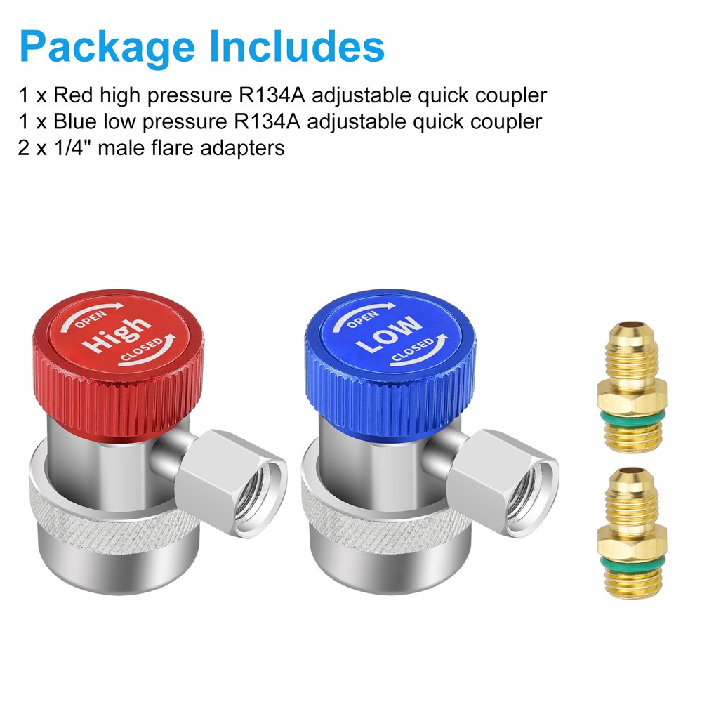 2x R134A Quick Coupler Adapter, Adjustable HP & LP Connector for Car AC System