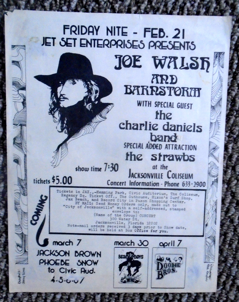 ORIGINAL CONCERT HANDBILL & TICKET-JOE WALSH & BARNSTORM-JACKSONVILLE-2_21_1975+