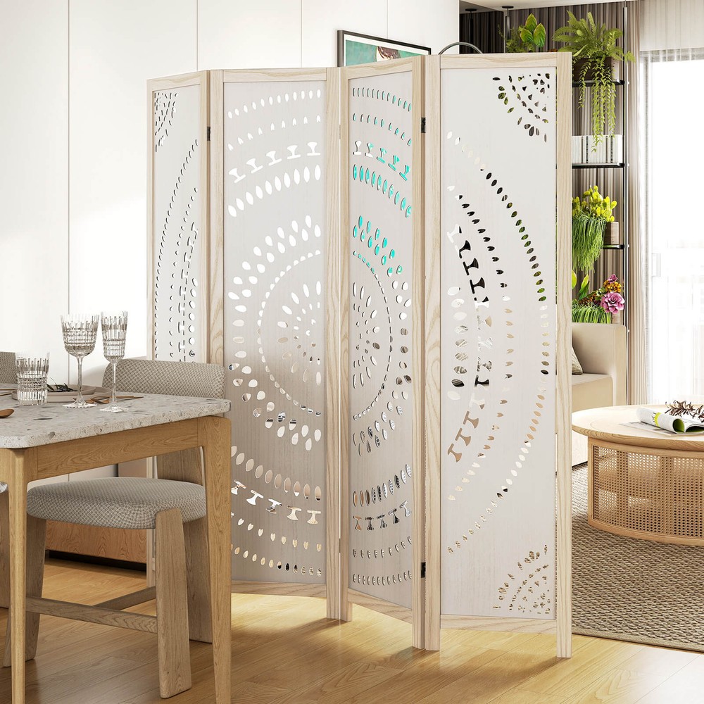 66" Boho 4-Panel Room Divider w/ Carved Pattern & Solid Wood Frame 360° Hinges