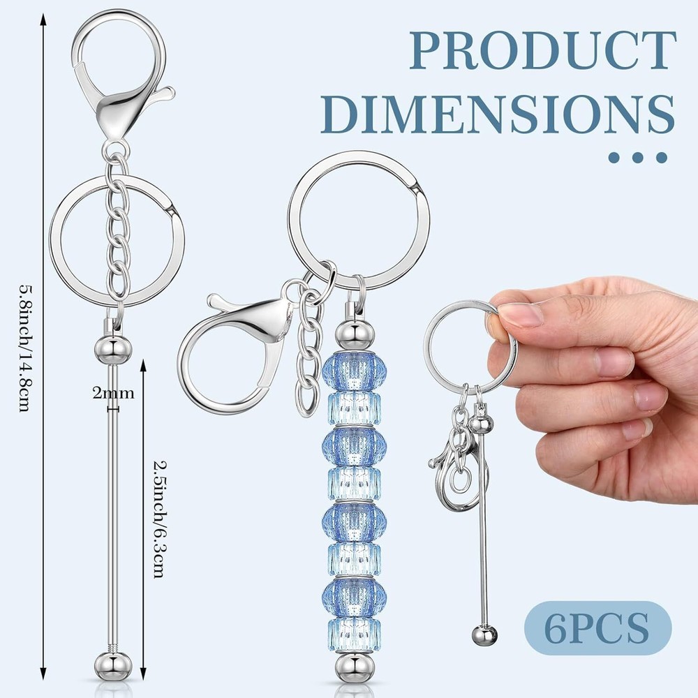 6 Pcs Beadable Keychain Bars Blanks Bead Metal Beaded Silver