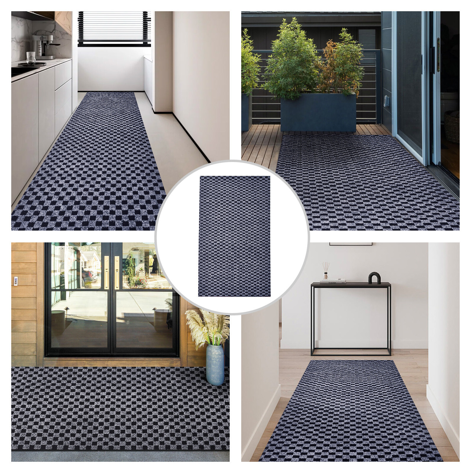Runner Rug Hallway Non Slip Rubber Back Custom Size as Carpet Doormat Checkered
