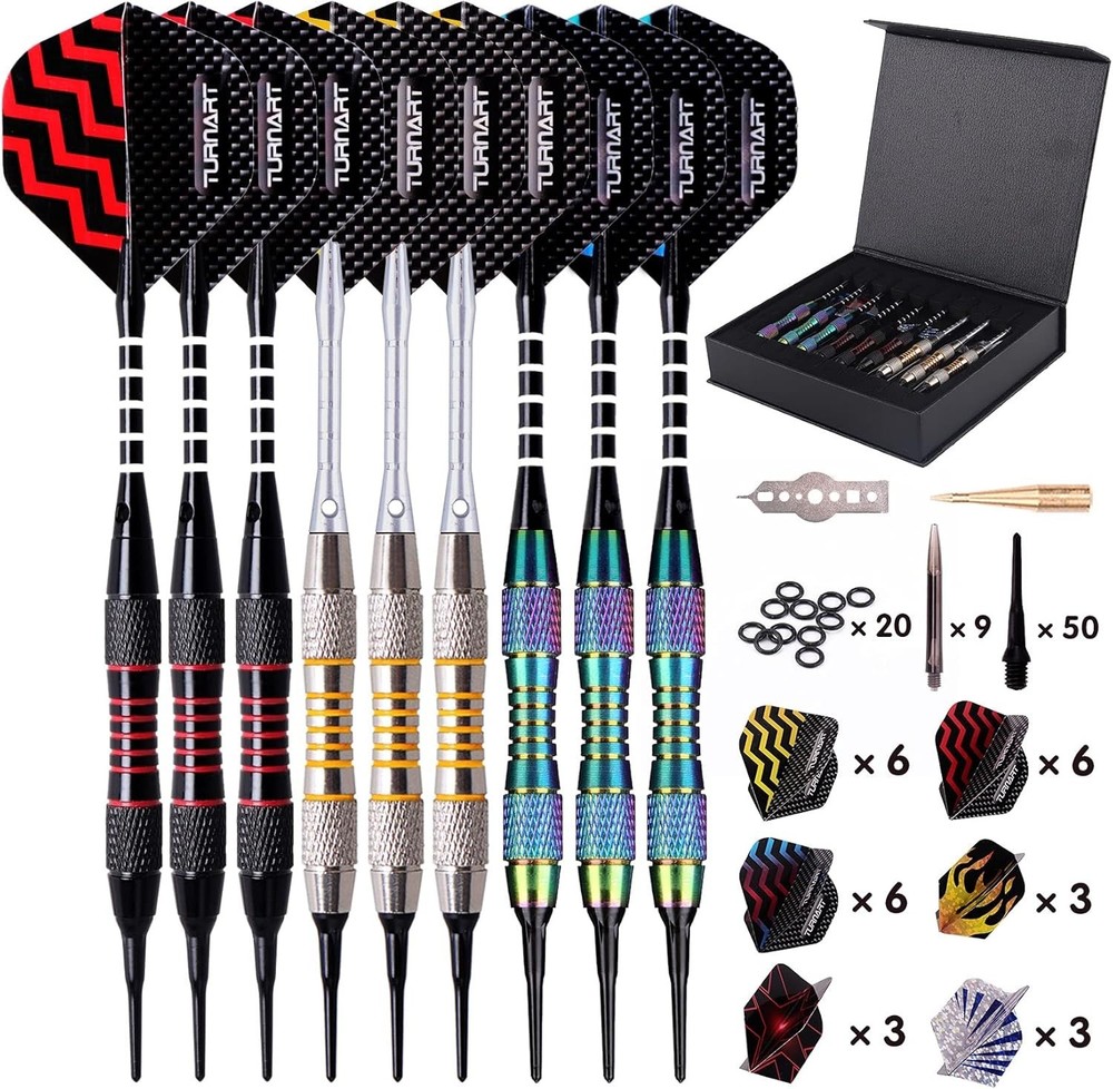 Soft Tip Darts Set - 9 Pcs 18g, Flight Protectors, Gift Case