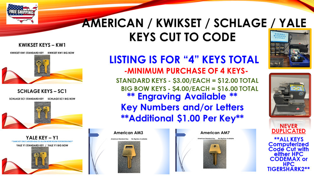Kwikset Schlage American Yale - Keys Cut to Code - Computerized Cut - 4 Total