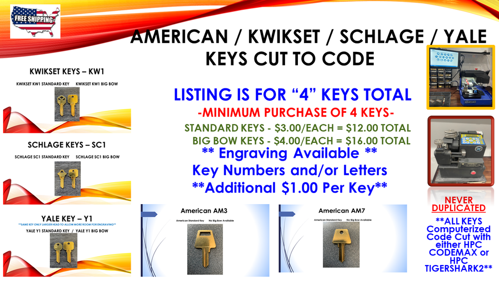 Kwikset Schlage American Yale - Keys Cut to Code - Computerized Cut - 4 Total