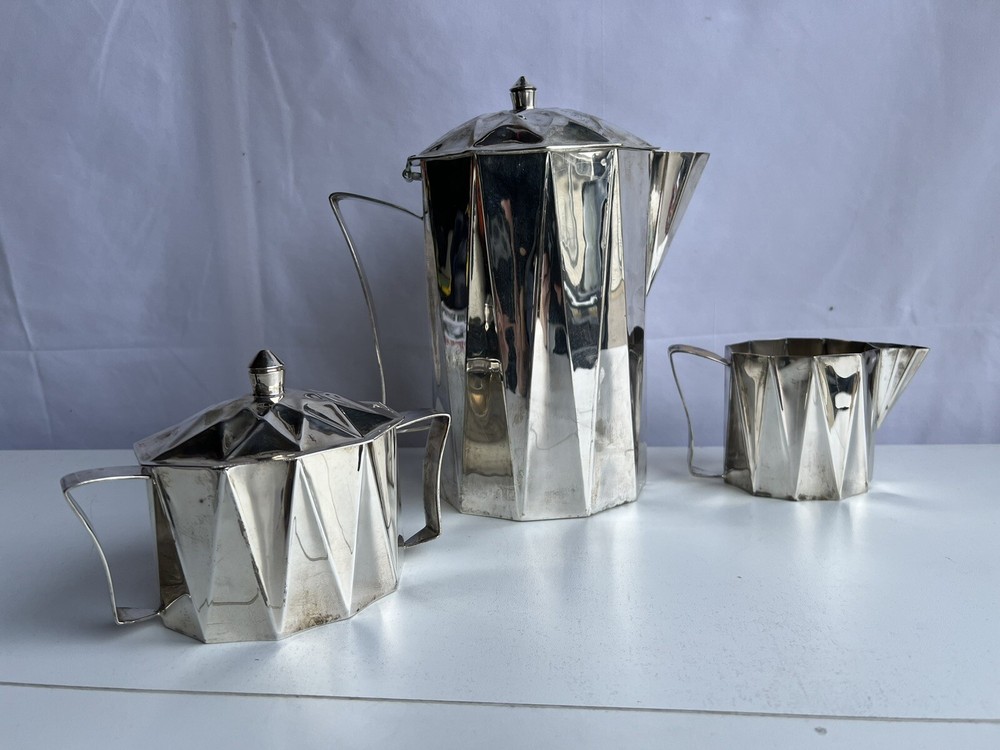 Larry Laslo Towle Art Deco Styled Silverplate/Brass Coffee Pot, Sugar, Creamer