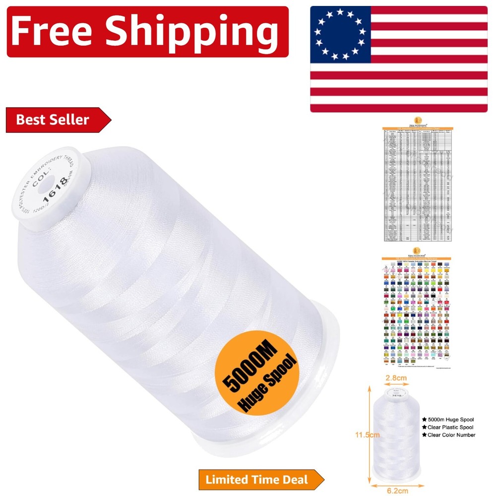 Versatile Single Huge Spool - 5000M 40WT Snow White Polyester Embroidery Thread