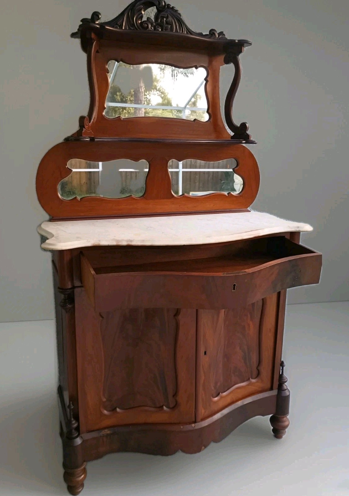 Antique Serpentine Mahogany Dresser Marble Top & Mirror Shelf Entryway Table