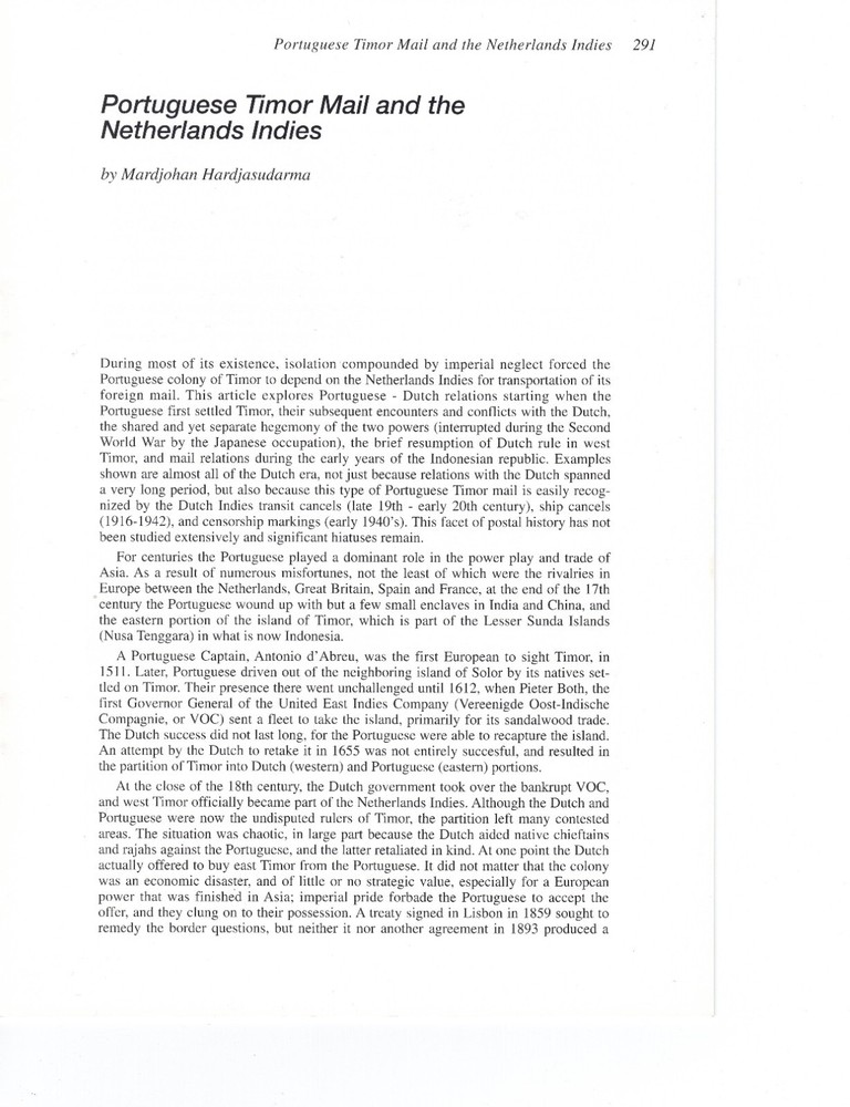 Article PORTUGUESE TIMOR MAIL AND THE NETHERLASNDS INDIES by Hardjasudrama