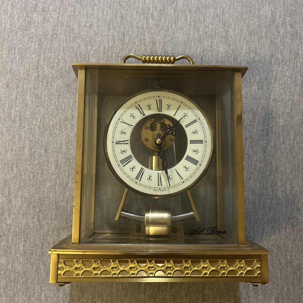 VINTAGE SETH THOMAS ELECTRONIC MANTEL CLOCK SKELETON BRASS PENDULUM GERMANY
