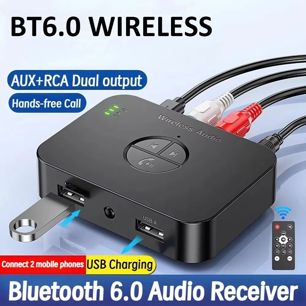 2026 New Wireless Bluetooth 6.0 Receiver Aux to 2 RCA Audio Stereo Adapter 3.5mm