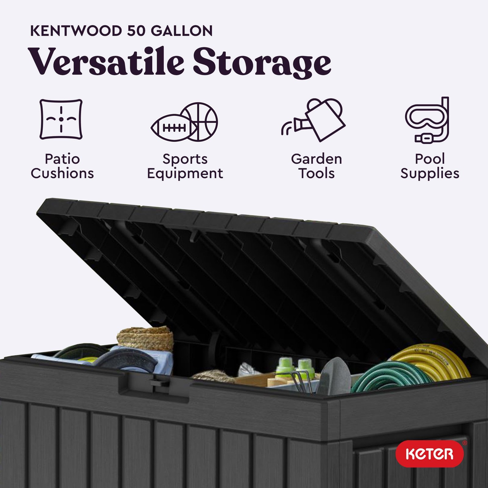 Keter Kentwood 50 Gallon Resin Deck Box for Outdoor Storage – Weather‑Resista...