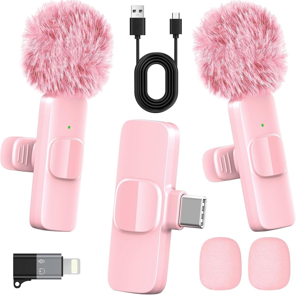 Pink Wireless Lavalier Microphone for iPhone & Android - Mini Clip-On Mic with N