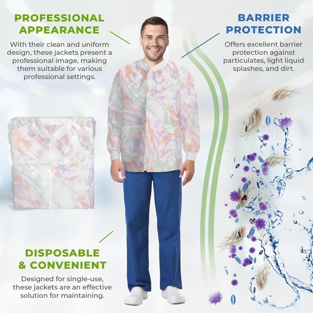 Multicolor Disposable Lab Jackets Medium SMS Snap Front 10 Pack