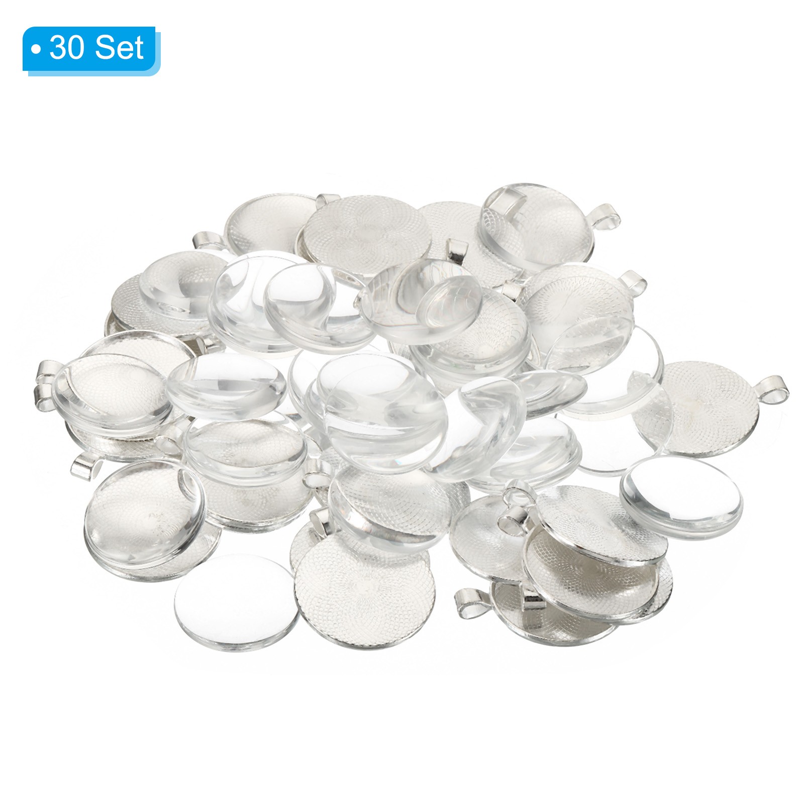 30 Sets Pendant Trays with Glass Cabochons 30mm Round Bezel Trays Silver White