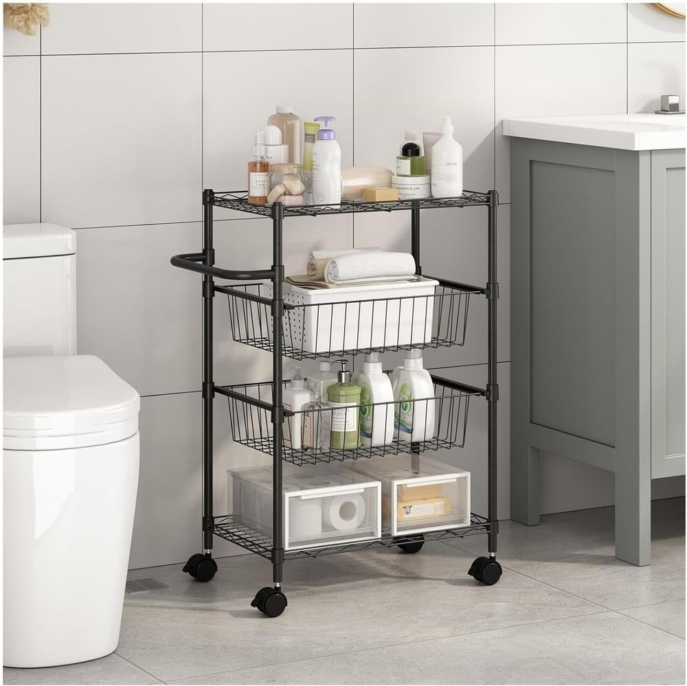4-Tier Kitchen Cart Rolling Storage Utility Cart w/ Handle & 2 Removable Baskets