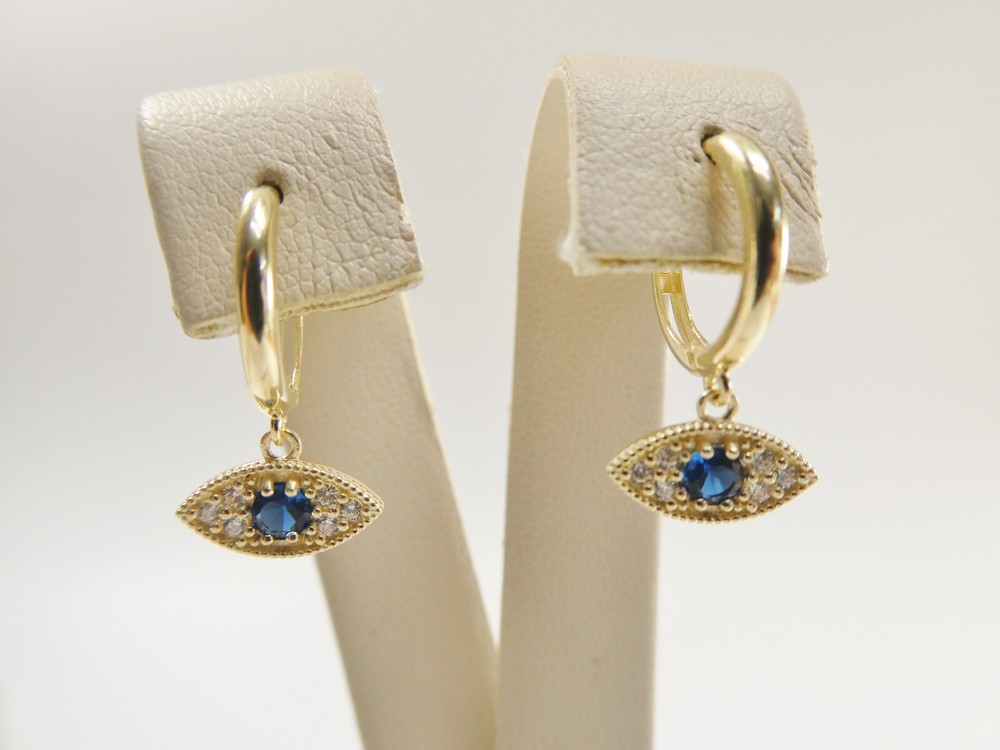 10K REAL SOLID YELLOW GOLD SAPPHIRE EVIL EYE DROPPING HOOP EARRING
