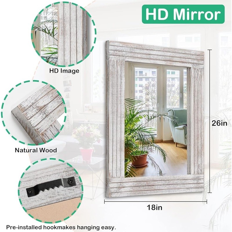 Rustic Wooden Wall Mirror Rectangular Frame Durable Decorative Accent Home Decor