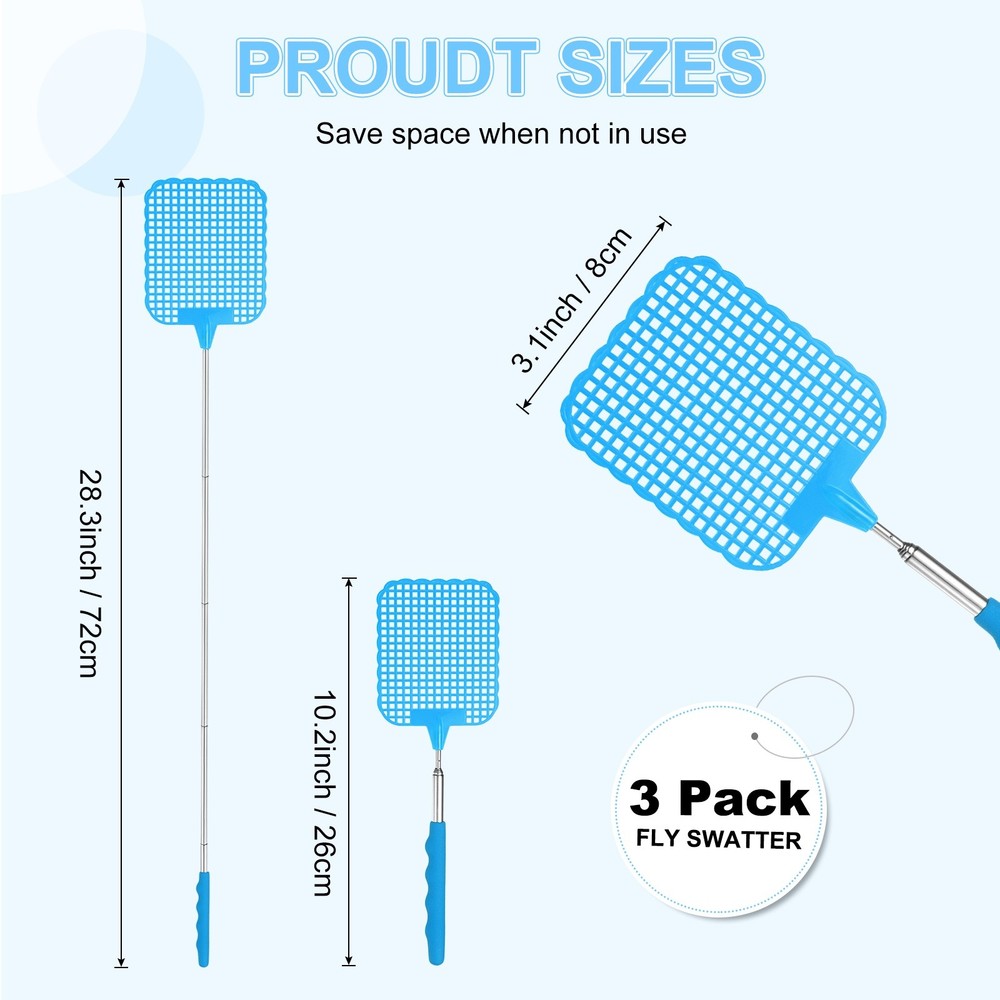 3-Pack 26~72cm Plastic Fly Swatter for Indoors [Blue]
