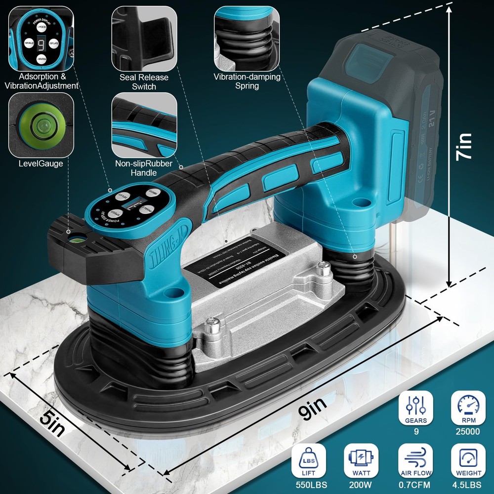 Tile Vibration Tool 250mm Suction Cup Max 551lbs/250kg, Handheld Tile Install...