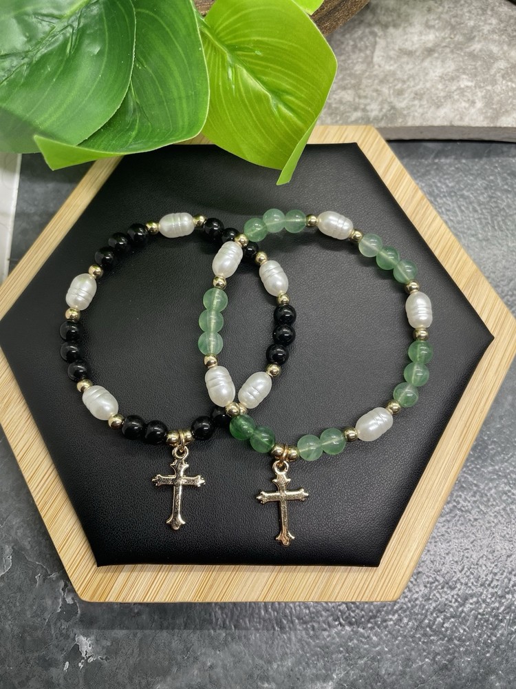 2 PC Boho Beaded Stackable 6” Plus Stretch Charm Bracelet Set Cross B5608