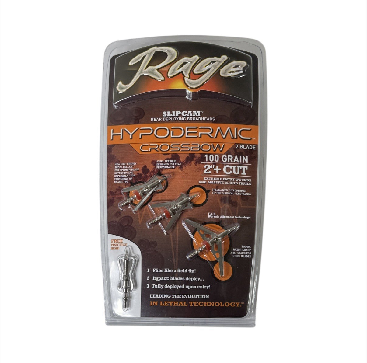Rage HD Hypodermic Crossbow Broadhead - 100 Grain 2 Blade 2"+ Cut - Pack of 3+1