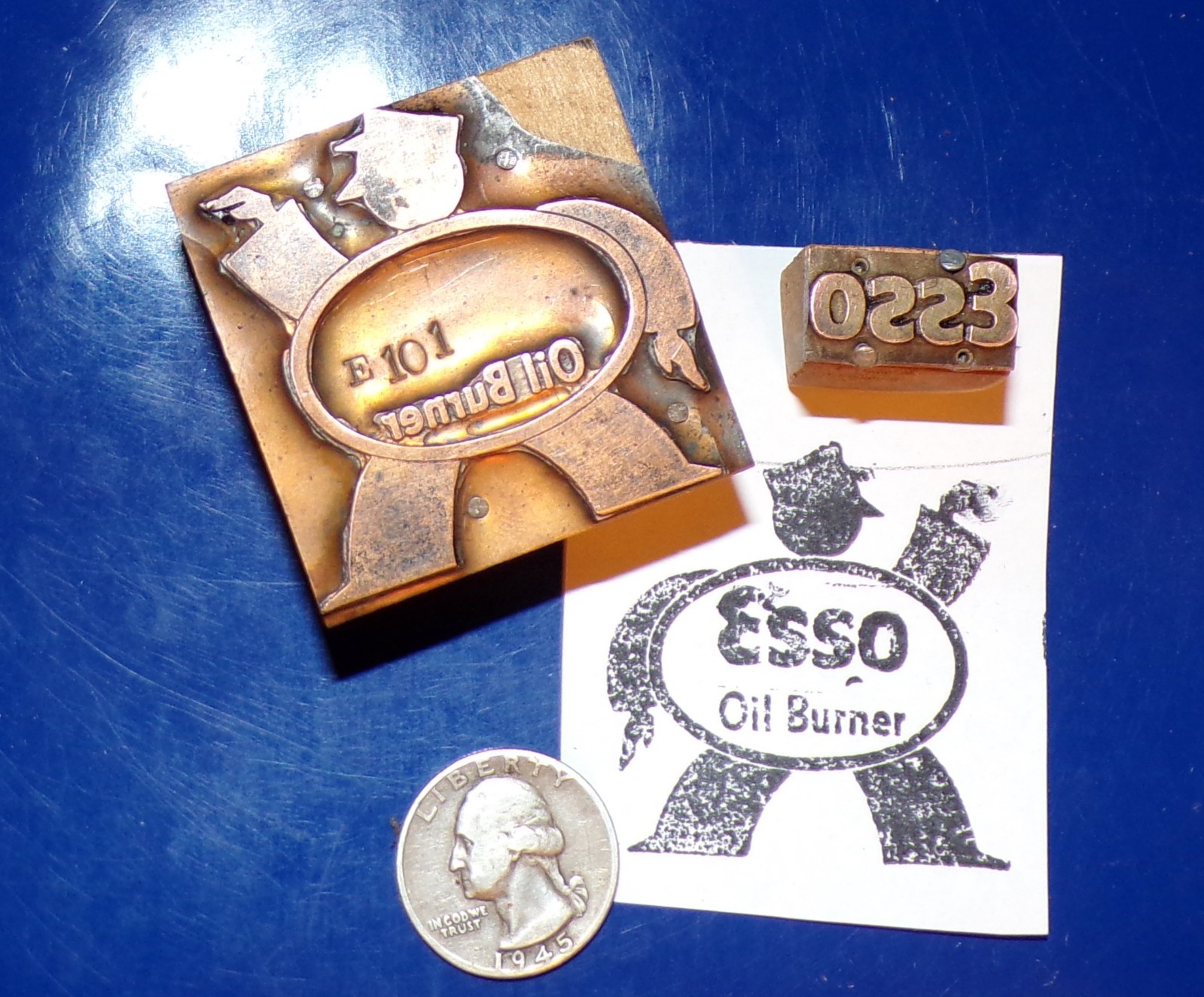 Vintage "Esso Oil Burner" 2pc Wood and Copper Letterpress Printers Blocks
