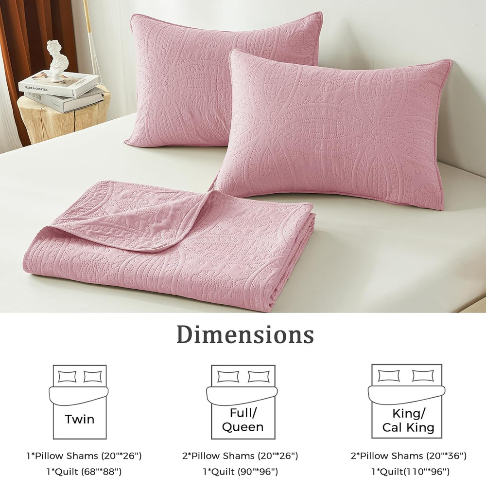 Full/Queen Quilt Set,Pink Lightweight Bedspread with Coin Pattern, Soft Microfib