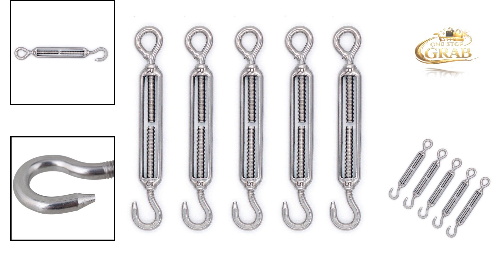 5pcs M5 Stainless Steel 304 Turnbuckle Wire Rope Tension Hook & Eye