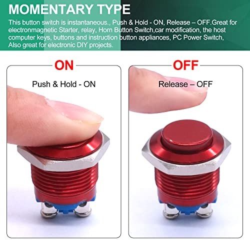 /16mm Waterproof Metal Shell Momentary Raised Top Push Button Switch Red