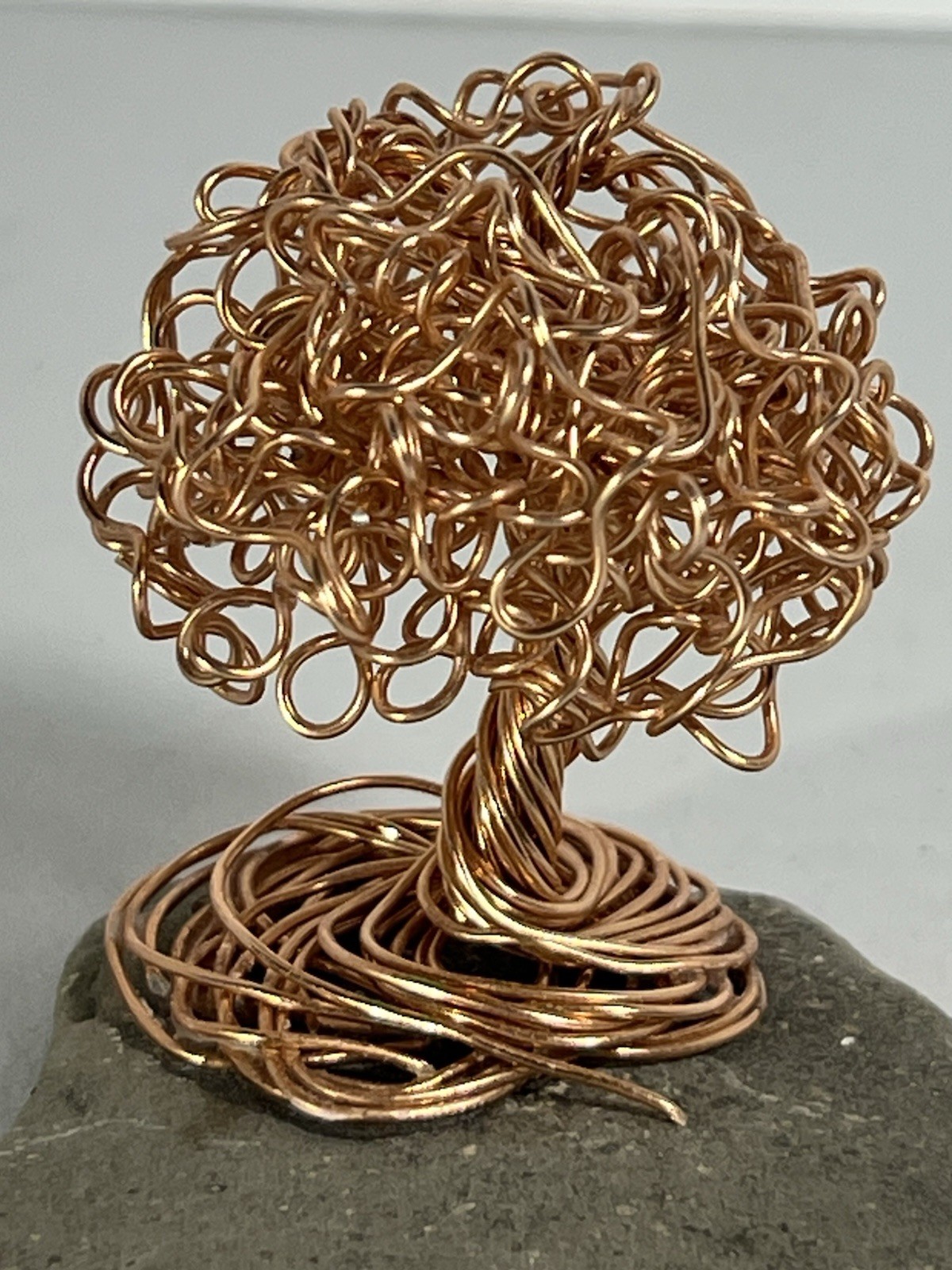 Handmade 2.25” Copper Wire Bonsai Tree Sculpture On Stone Base Decor Mini (D)