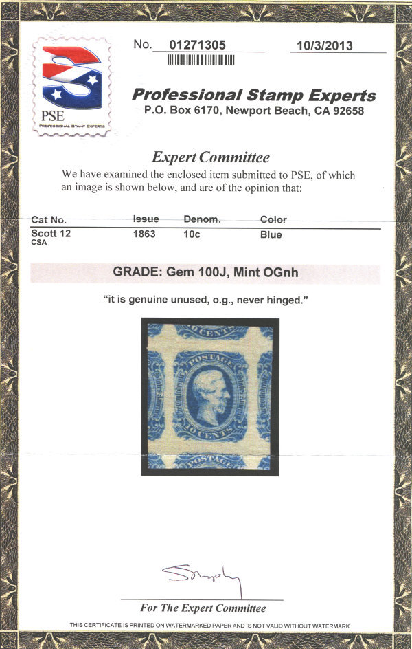 MALACK Confed #12 JUMBO GEM OG NH, w/PSE (GRADED 10..MORE.. gg1501