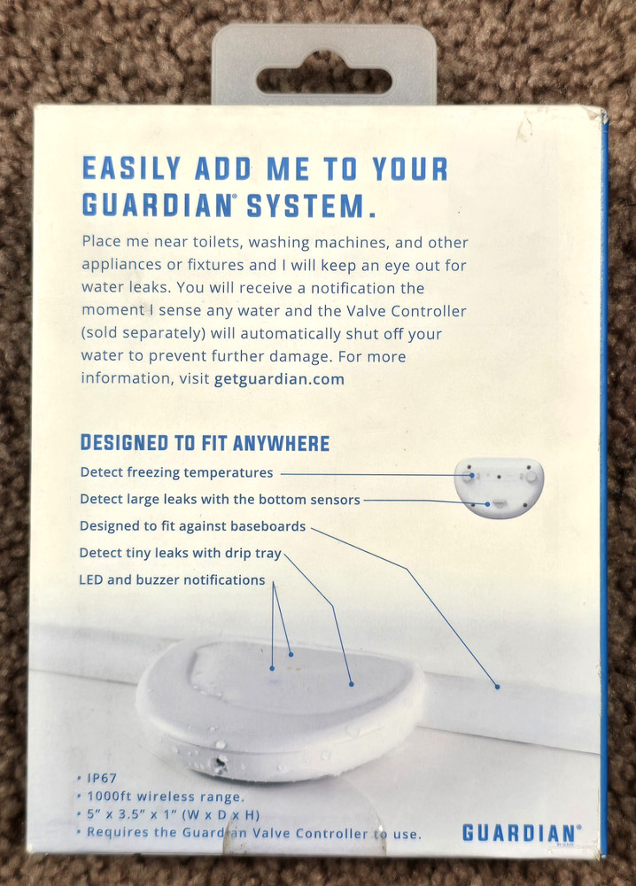 Guardian Wireless Water Leak Detector GLD1v2, Requires Guardian Valve Controller