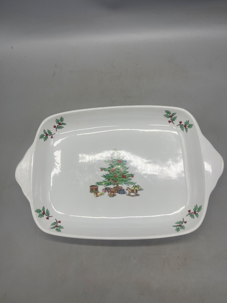 Tienshan Holiday Hostess 16 Inch 2 Quart Rectangular Baker Mint tray tree READ