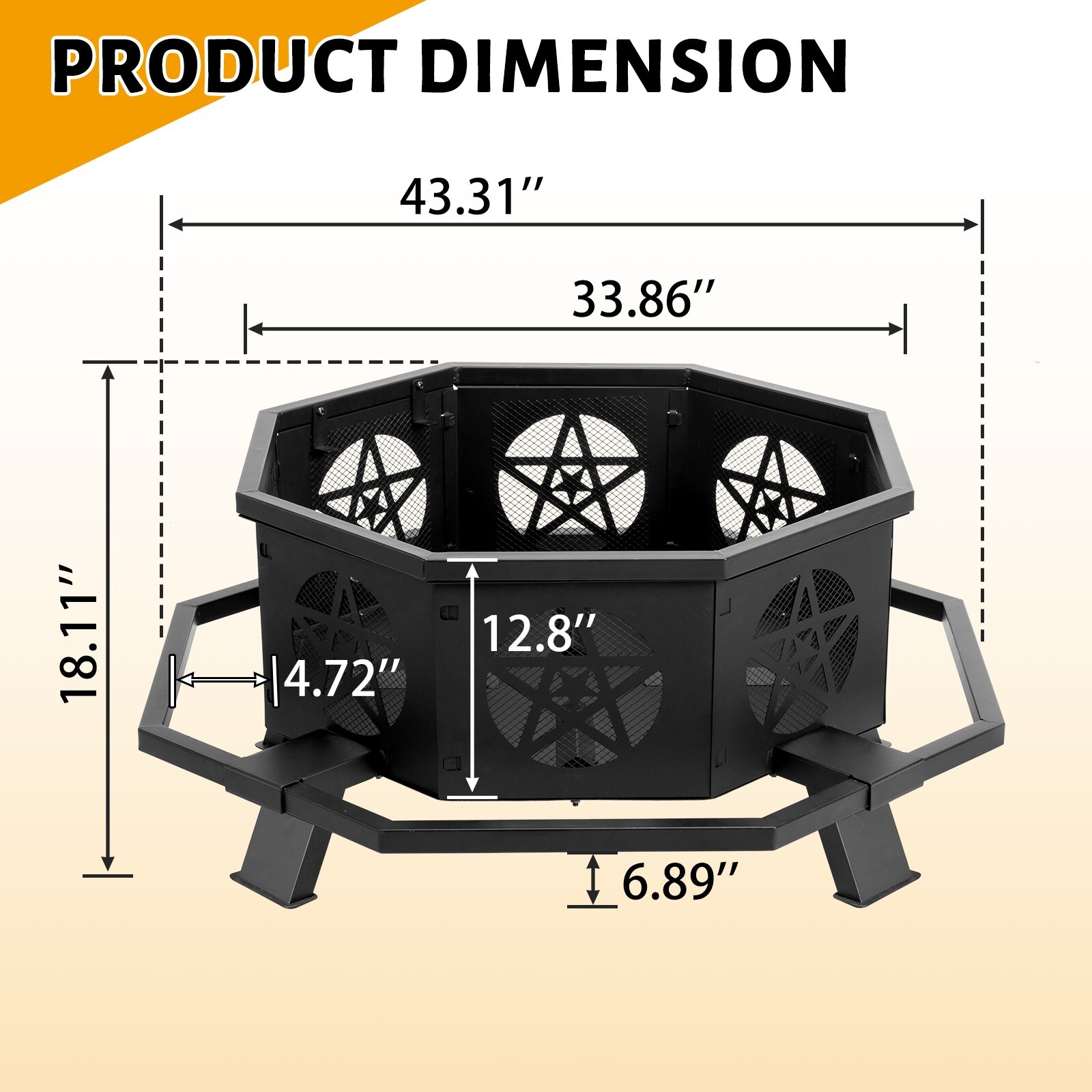Large Heavy Duty 43" Octagonal Outdoor Wood Burning Fire Pit, Star Ventilation