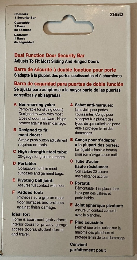 Master Lock Security Bar for Doors Adjustable Length