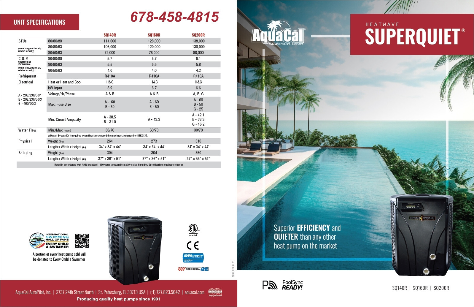 AquaCal SQ140R Heat Pump, New 2025 HeatWave SuperQuiet Heat & Cool, w/ WiFi