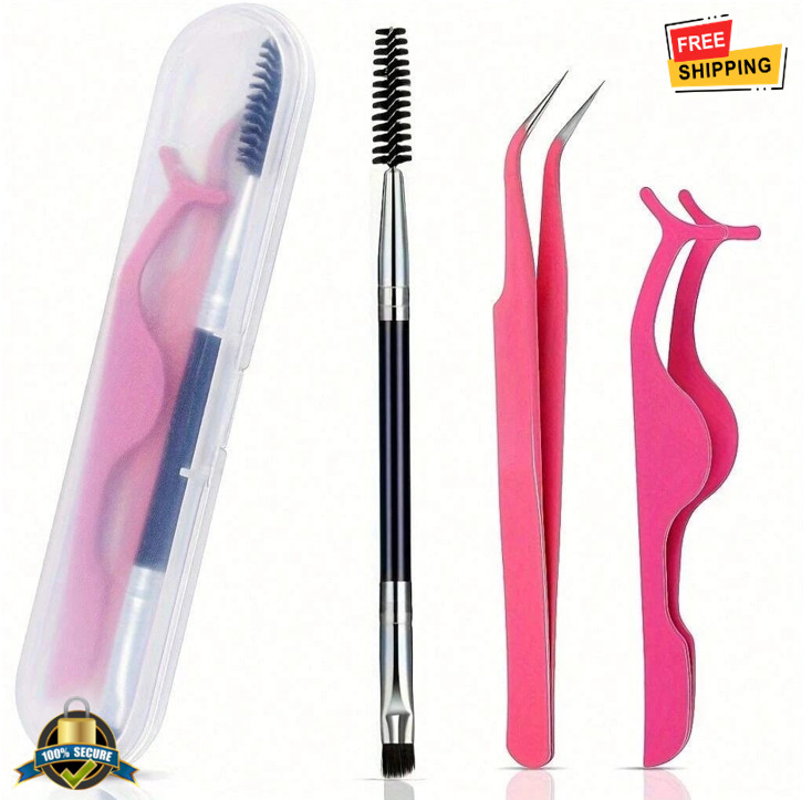 3Pcs Curved Tweezers Lash Curler & Brush Set Eyelash Beauty Tools