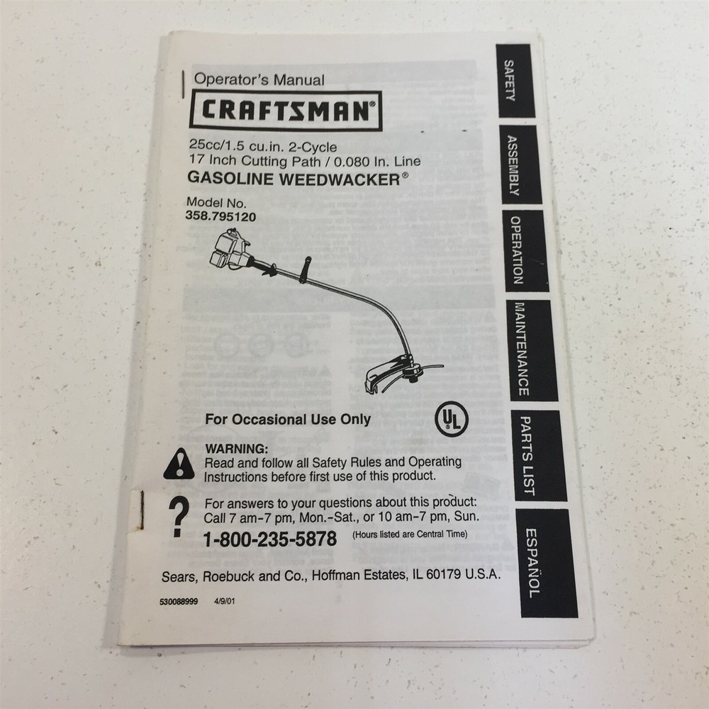 Craftsman 358.795120 Gasoline Weedwacker Operator's Manual