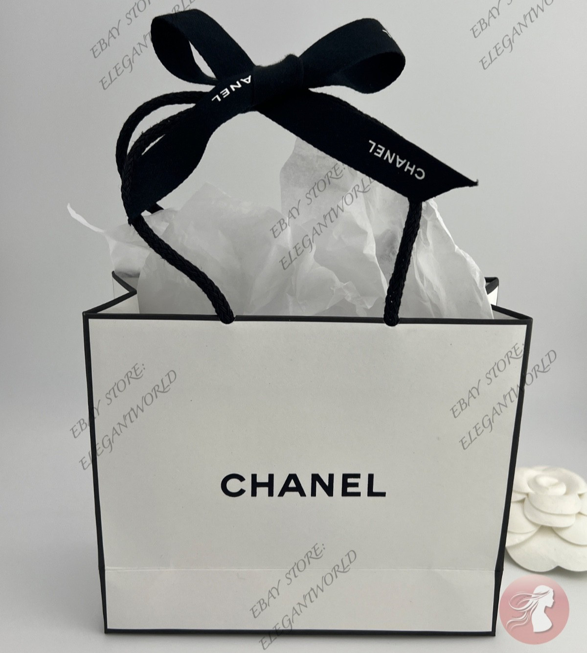 Chanel Small Empty Gift Bag White Paper Classic Black Logo L 5.5 x H 4.5 x D 2"