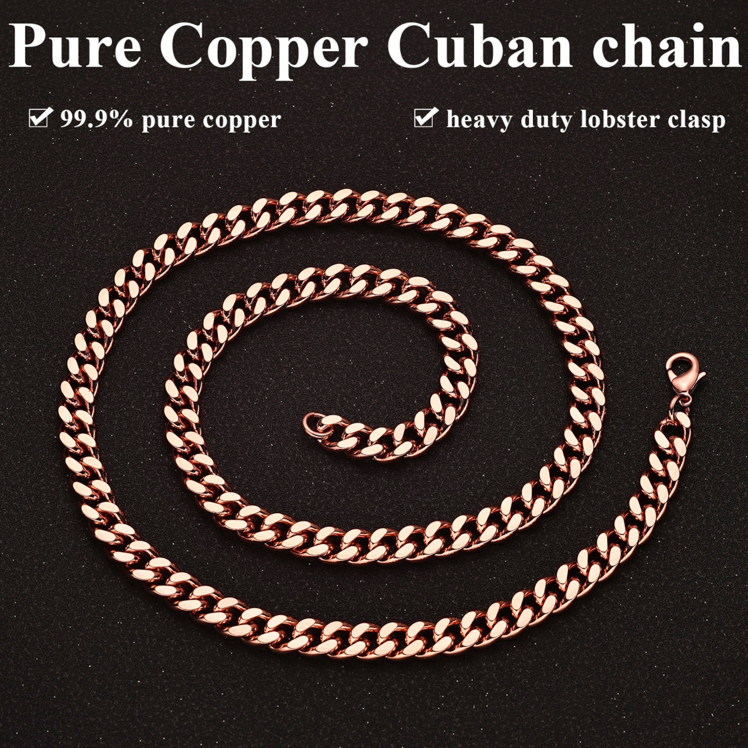 99.9% Pure Copper Necklace Cuban Curb Chain- 5, 7, 9, 12mm Widths 18"-26" Length